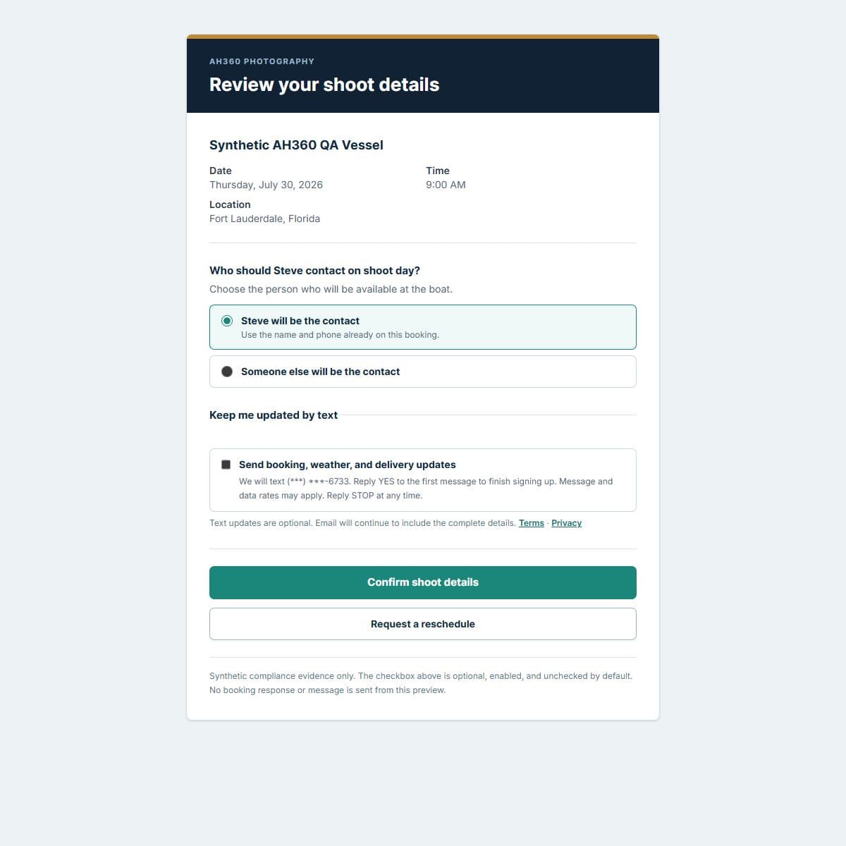 Synthetic AH360 booking-review form showing the optional Send booking, weather, and delivery updates checkbox enabled and unchecked