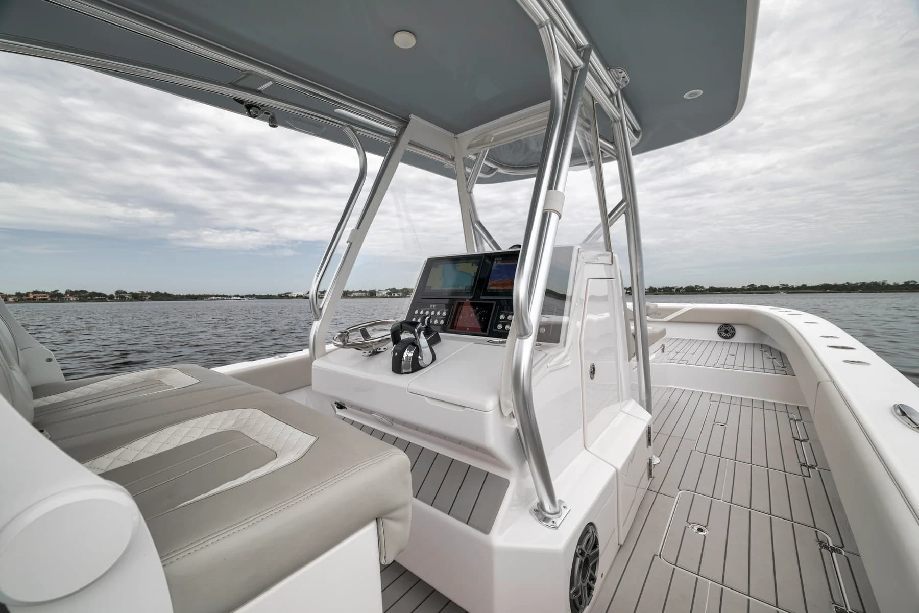 Center console helm, seating and deck photographed in Stuart, Florida
