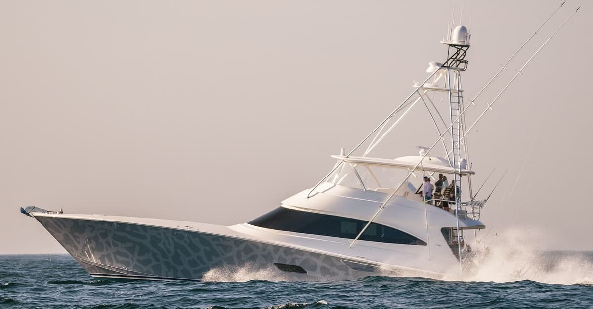 A sleek, modern yacht elegantly cutting through ocean waves with several individuals visible onboard