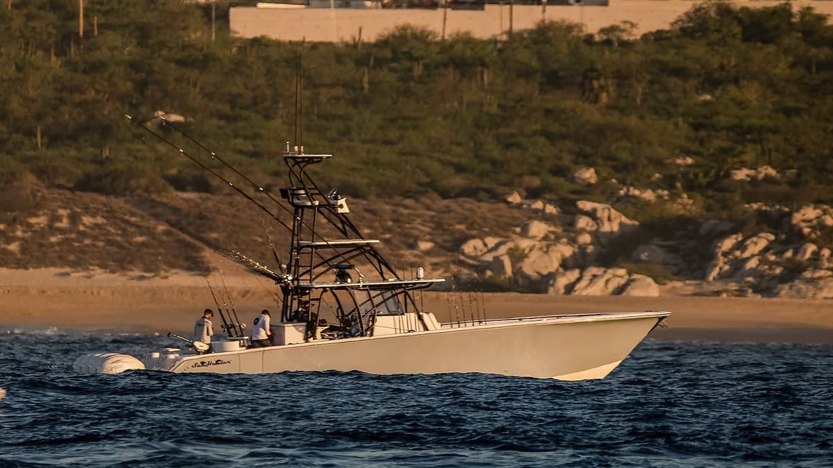 A sleek sportfishing boat with anglers onboard cruises along the coastline with lush greenery