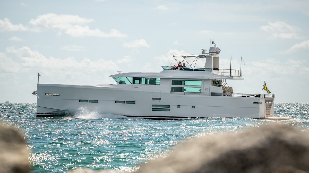 Luxury motor yacht at sea photographed from drone aerial