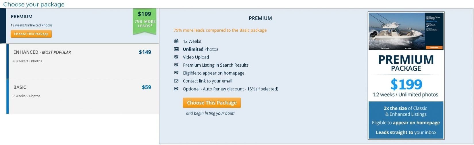 Comparison chart of online boat listing websites