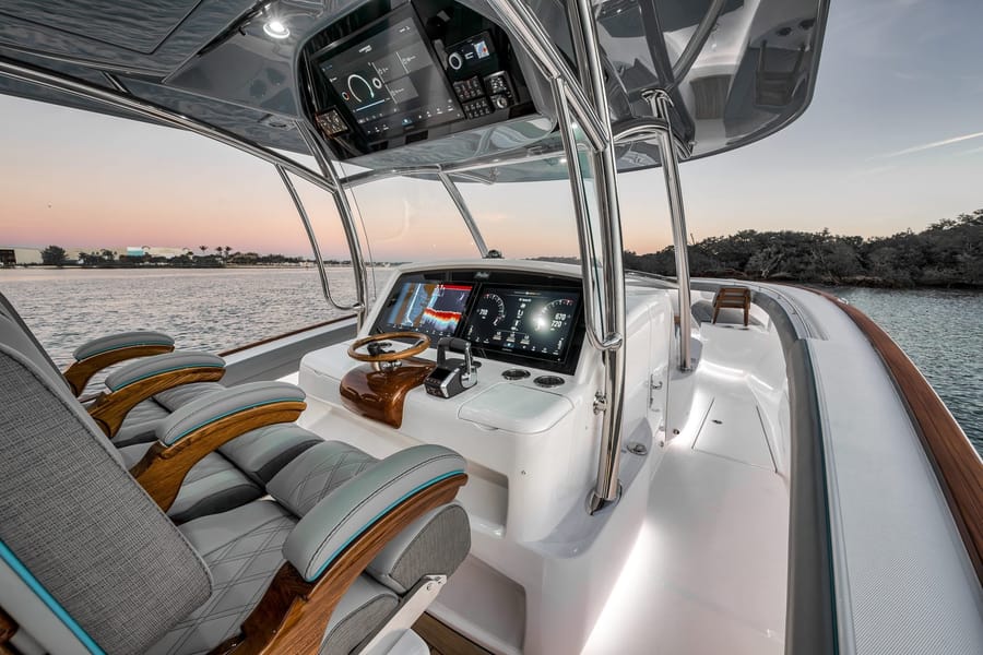 Center console helm view during yacht photography session near Jupiter, Florida