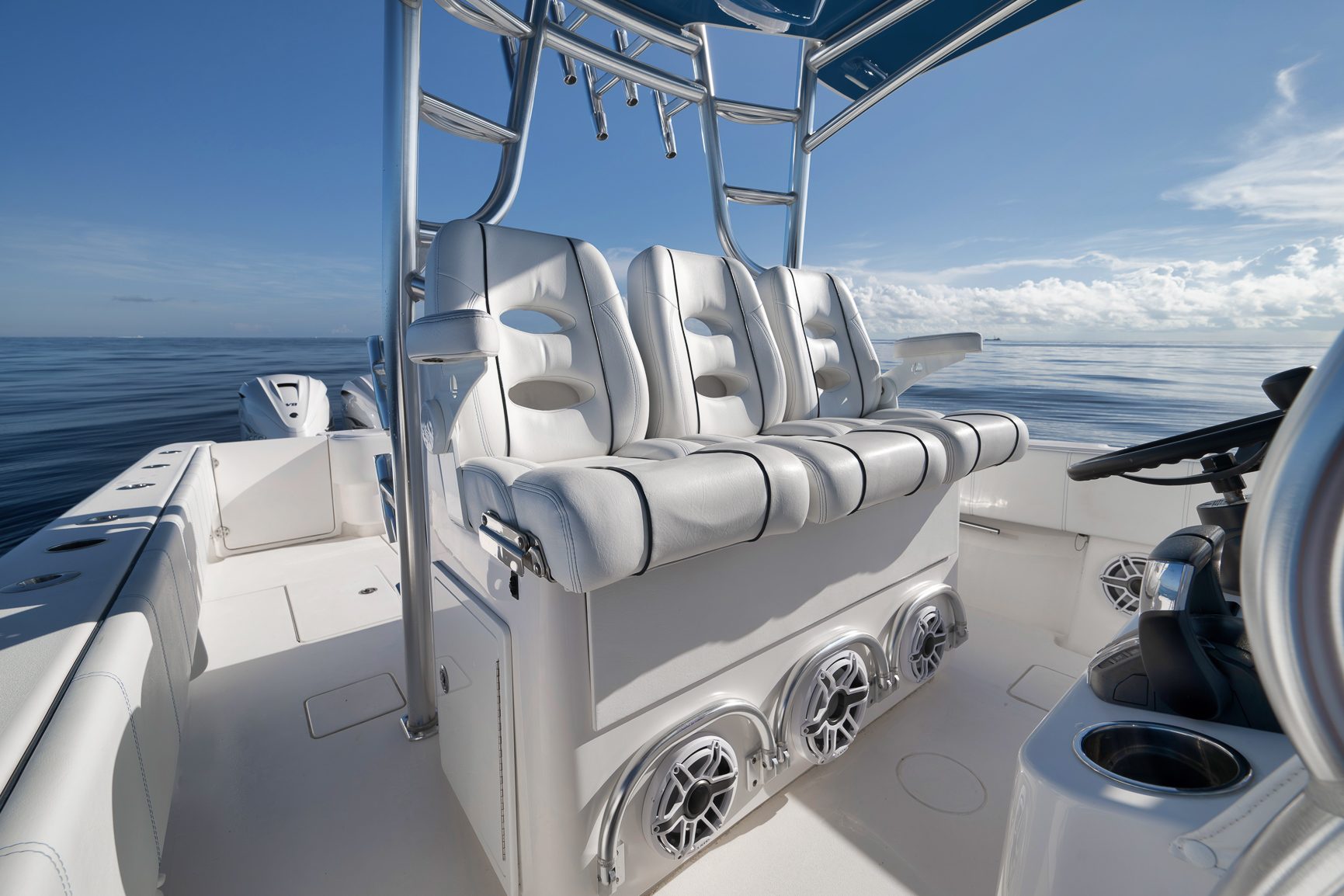 Luxury center console helm and seating — Fort Lauderdale yacht interior photography