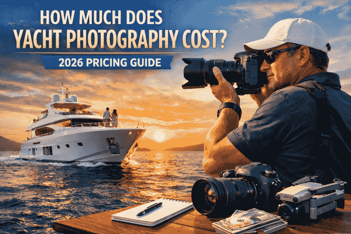 Yacht photography pricing guide illustration showing camera equipment and yacht at sunset