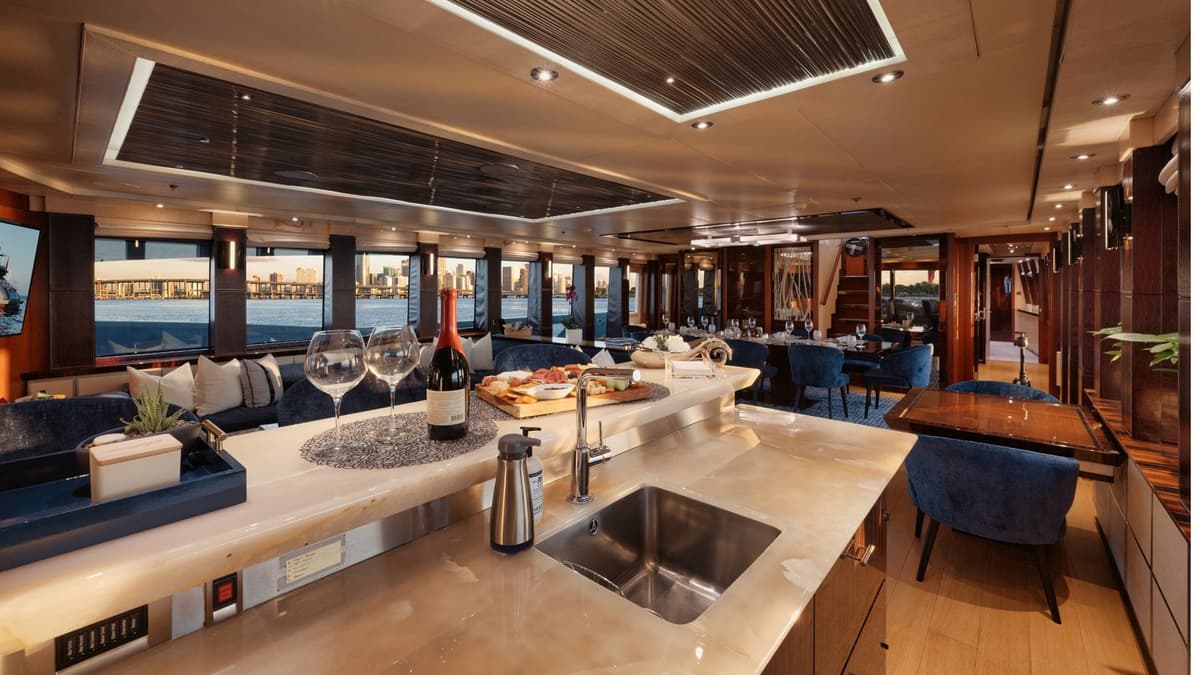 Professional yacht interior photography showing luxury salon with balanced lighting and teak details in Miami Florida