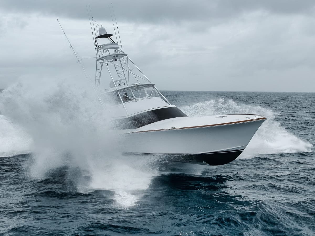 Dynamic sportfishing boat action photography showing running shot profile angle ideal for yacht brokerage listings