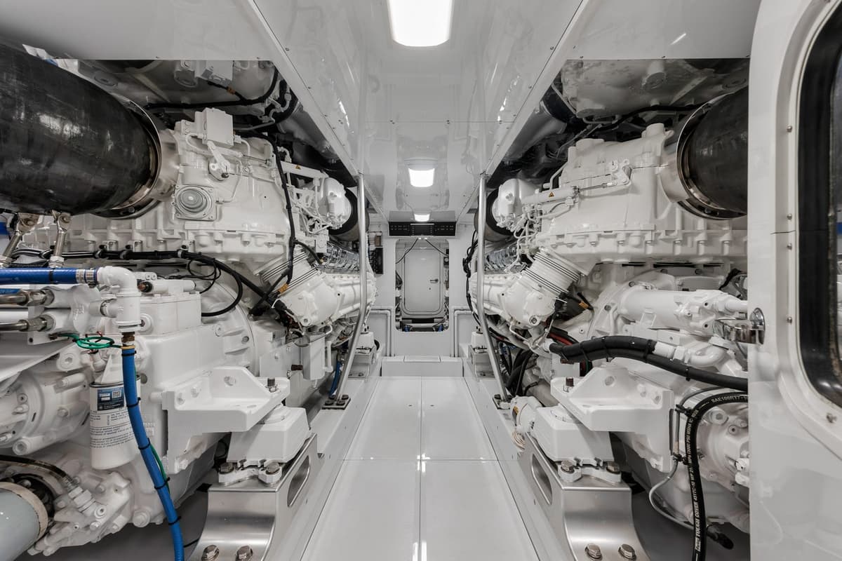 Pristine yacht engine room photography showing mechanical systems and maintenance condition for buyer inspection